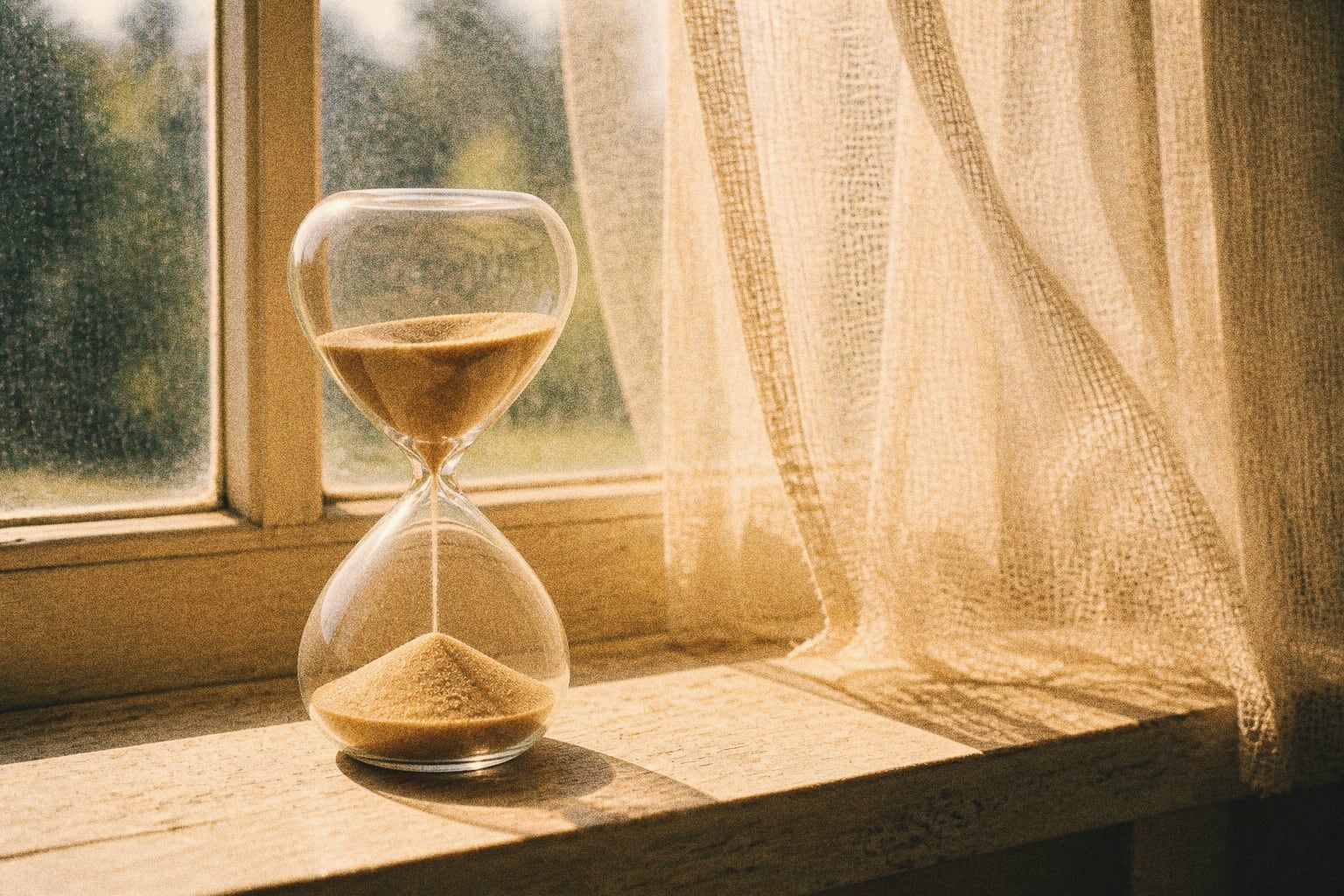 An hourglass on a wooden windowsill with sand falling, a sheer curtain and sunlit garden behind it, shot on grainy 90s film.