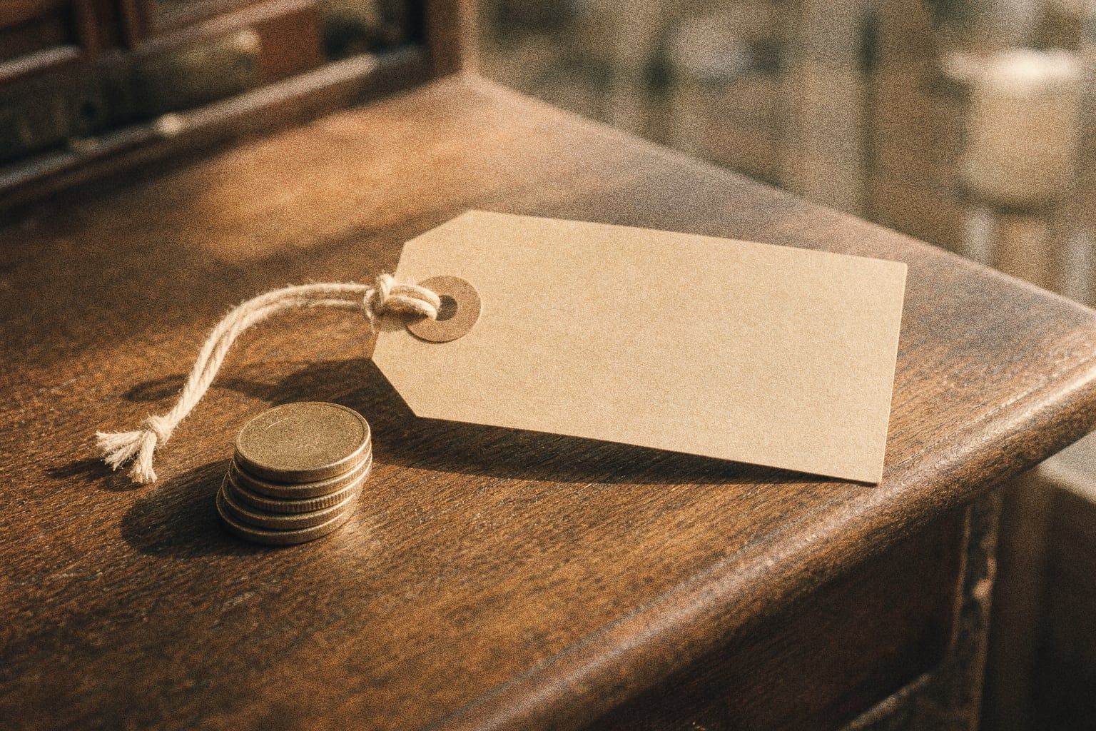 A blank kraft-paper price tag on string beside a small stack of coins on a wooden desk in warm window light, shot on grainy film.