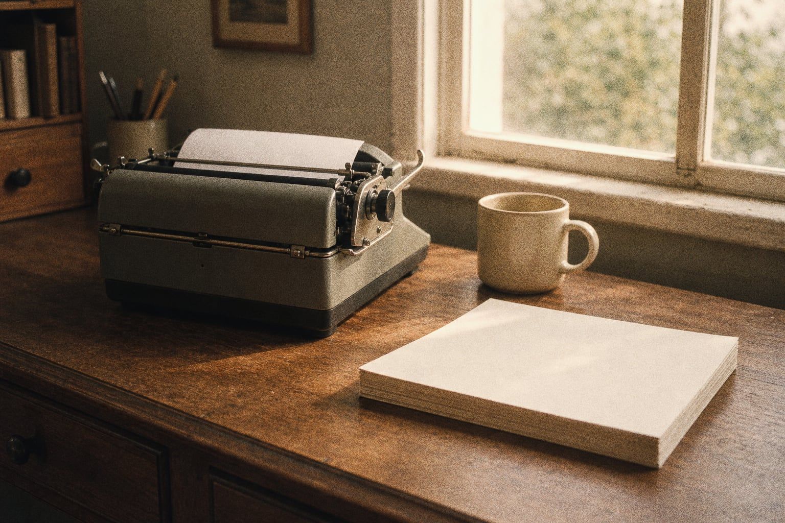 A vintage typewriter, a mug, and a stack of blank paper on a wooden desk beside a bright window, warm morning light, shot on grainy film.