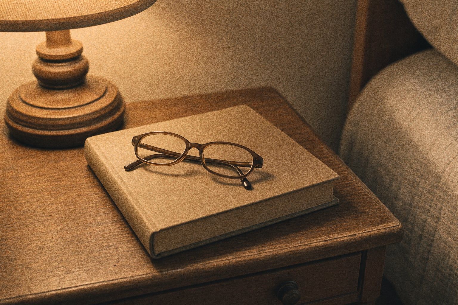 A folded pair of reading glasses resting on a hardback book on a wooden nightstand under warm lamplight, shot on grainy film.