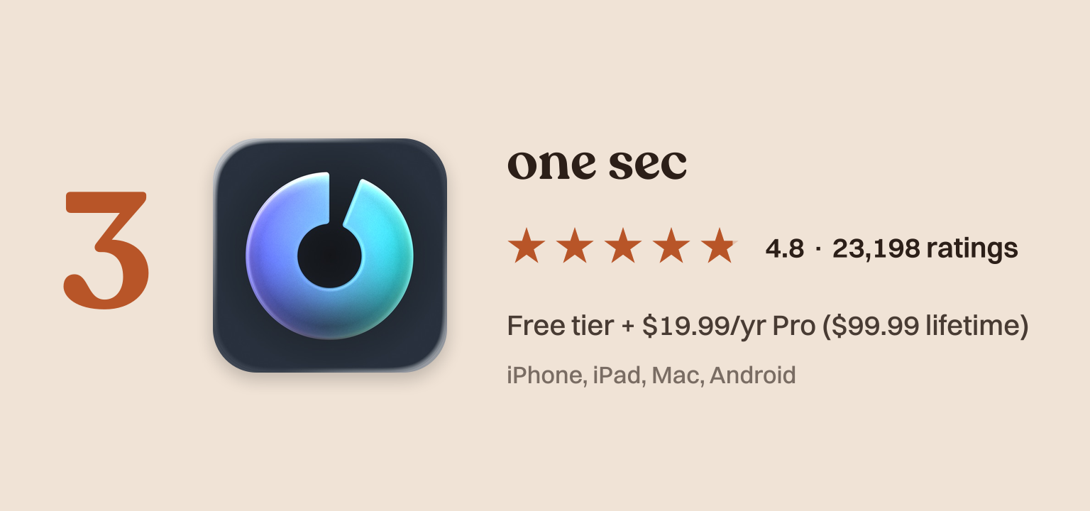 one sec app card with icon and App Store rating