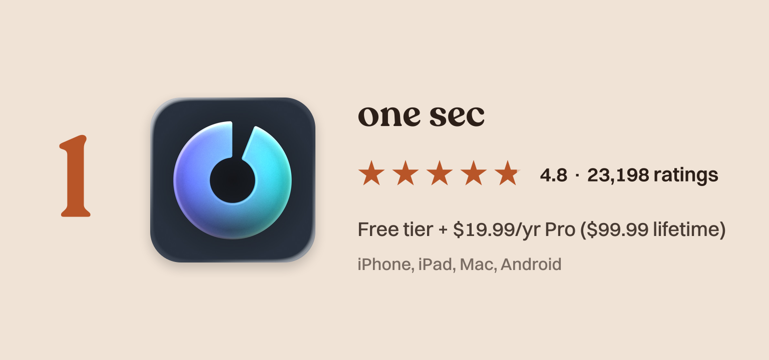 one sec app card with icon and App Store rating