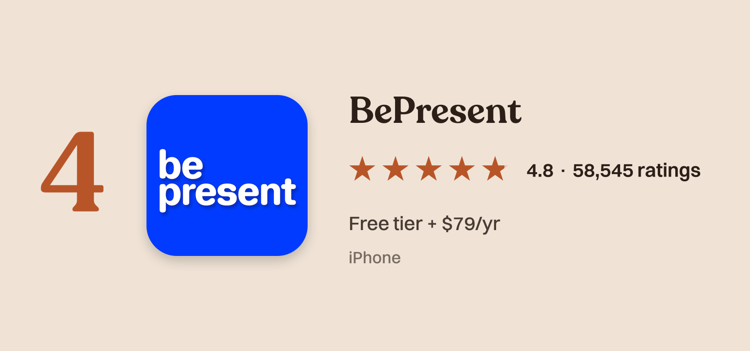 BePresent app card with icon and App Store rating