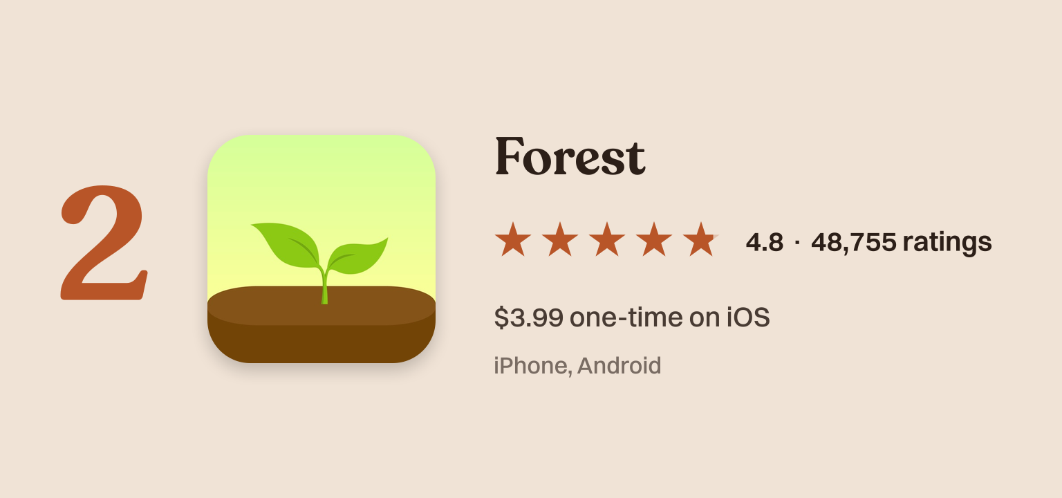 Forest app card with icon and App Store rating